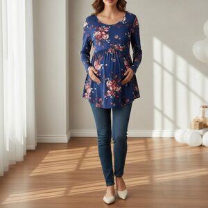 Long Sleeve Floral Babydoll Tunic Top Blue Rayon Size Large